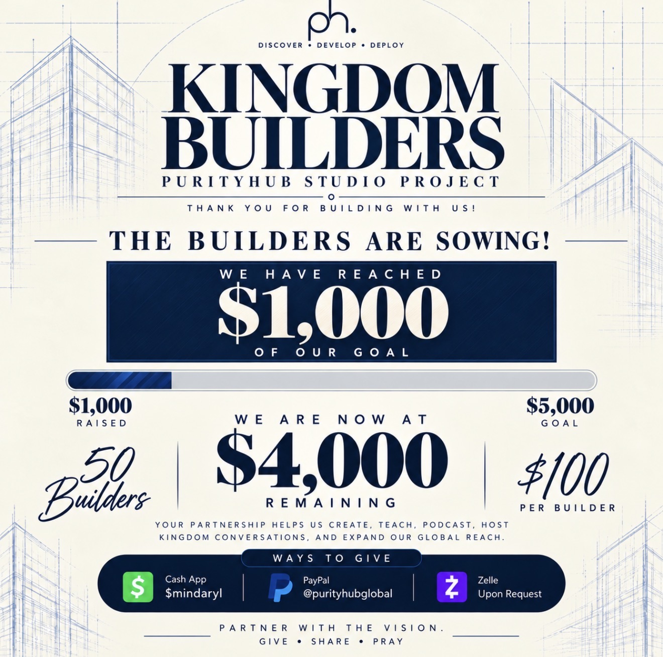 Kingdom Builders studio fundraising flyer showing the $5,000 goal and $1,000 raised milestone
