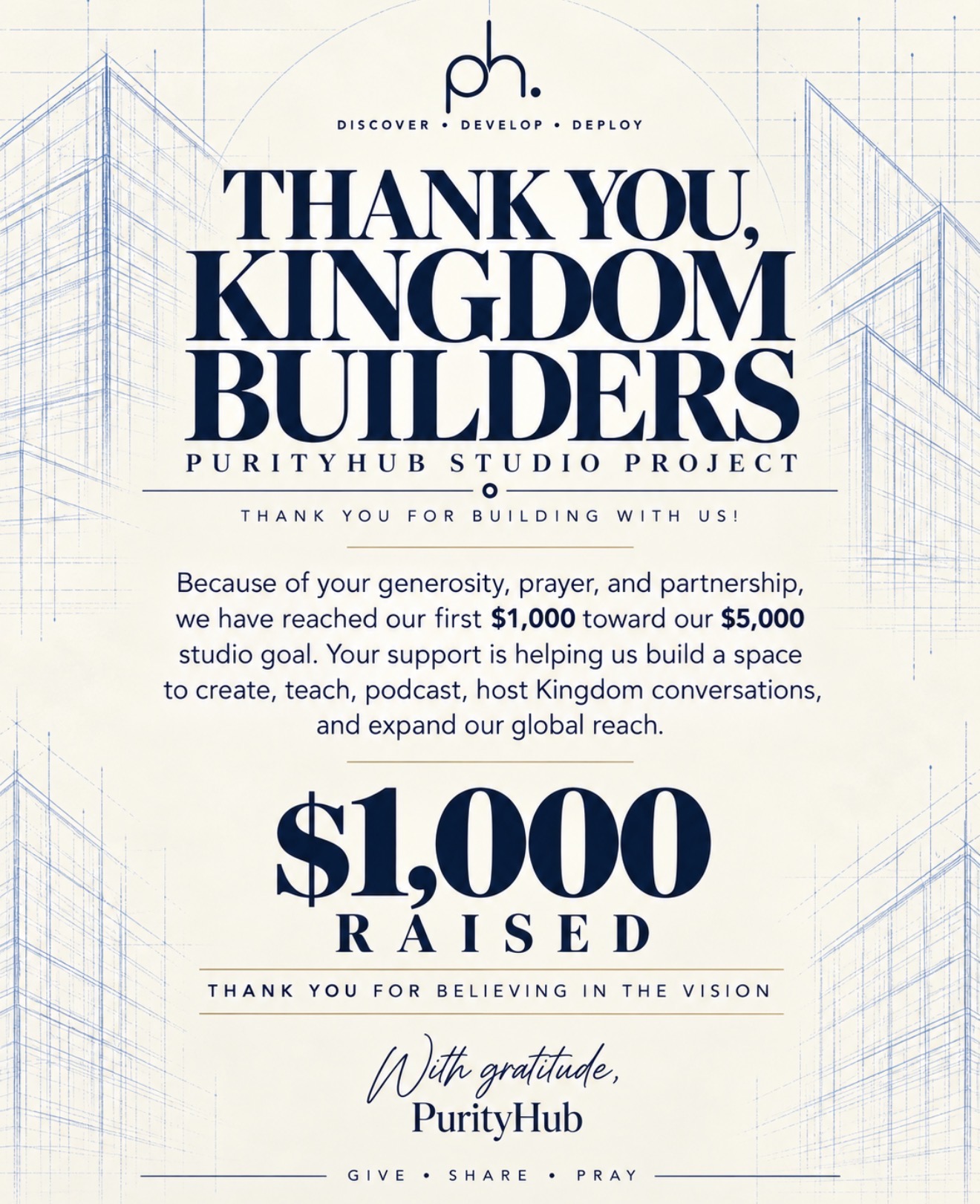 PurityHub thank-you graphic for Kingdom Builders who helped reach the first $1,000